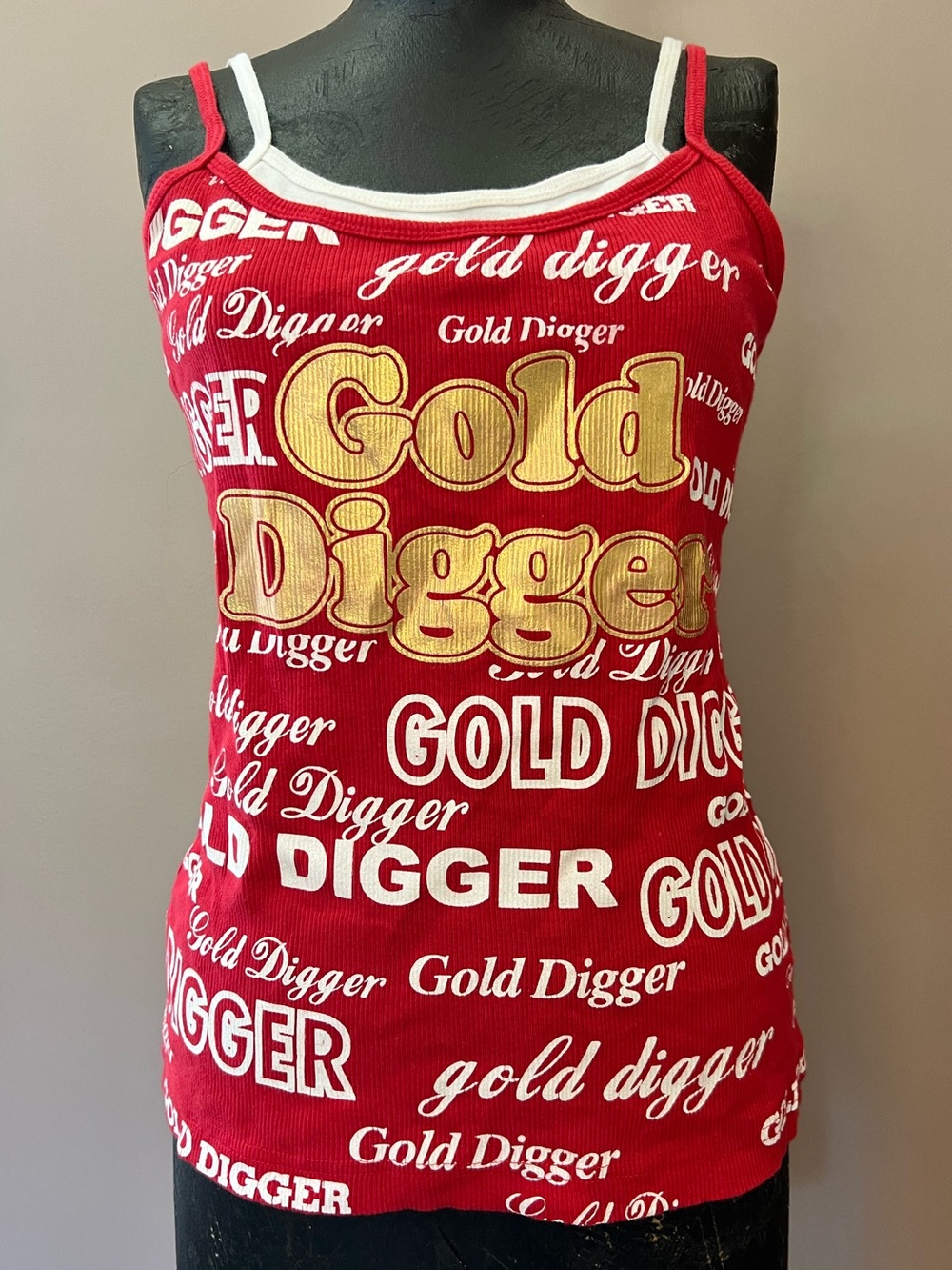 Y2K Red Layered Cami Tank ‘Gold Digger’ Graphic Letter T Shirt Medium